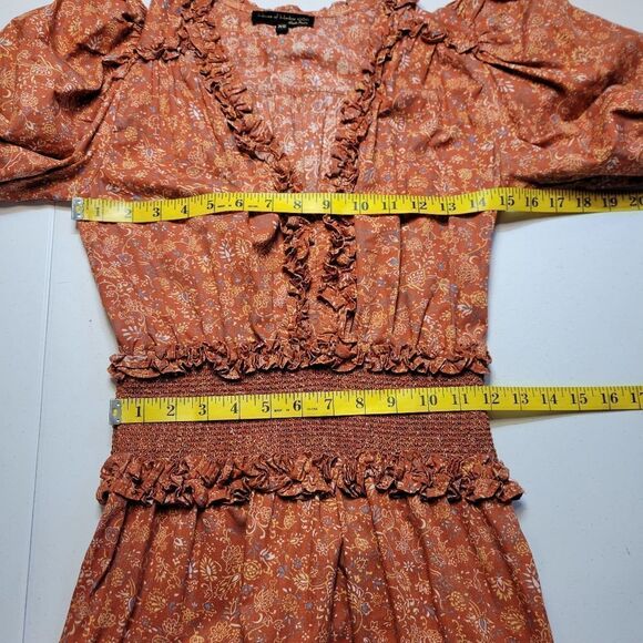 House of Harlow 1960 Wallis Rust Mini Dress Nicole Richie Floral Smocked - Picture 9 of 11